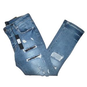 Nova Men 36 Distressed Patchwork Slim Jeans, Medium Wash Trendy Streetwear Look
